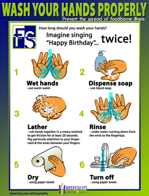 Wash your hands properly - 1. Wet hands 2. Dispense soap 3. Lather 4. Rinse 5. Dry 6. Turn off